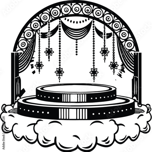 Elegant Stage Design: An elaborate, detailed stage, perfect for events and celebrations, with intricate patterns, hanging ornaments, and a tiered platform design.