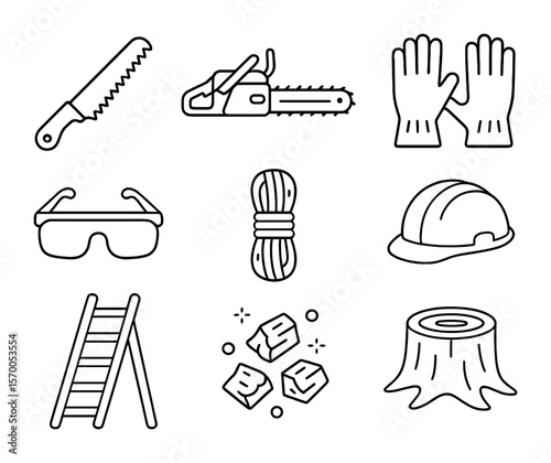 Tree Maintenance Icons. Outline icon set of tree pruning and maintenance: pruning saw, chainsaw, gloves,