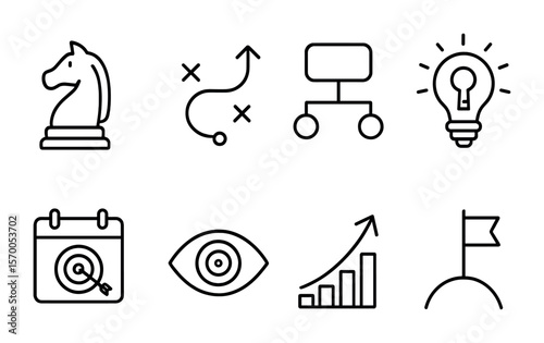 Strategic Icons Set. Outline vector icons of strategic thinking: chess piece, roadmap, business model, key