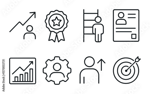 Career Growth Icons. Outline vector icons of career growth: upward arrow, achievement badge, professional