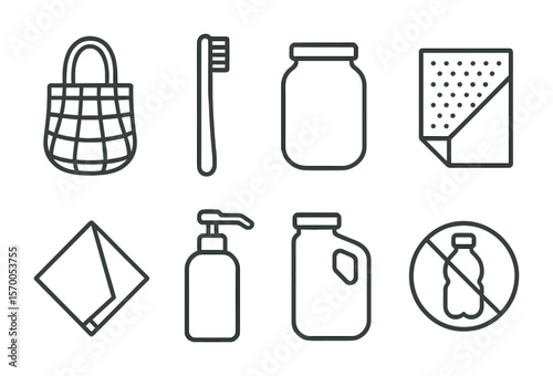 Zero Waste Icons. Outline vector icons of zero waste lifestyle: reusable bag, bamboo toothbrush, glass jar,