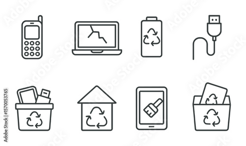 Electronic Recycling Icons. Outline vector icons of electronic recycling: old phone, broken laptop, battery