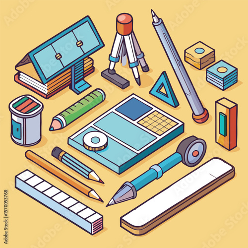 Isometric Illustration of Colorful Stationery Collection Featuring Pencils Pens Rulers Eraser Compass and Notepad