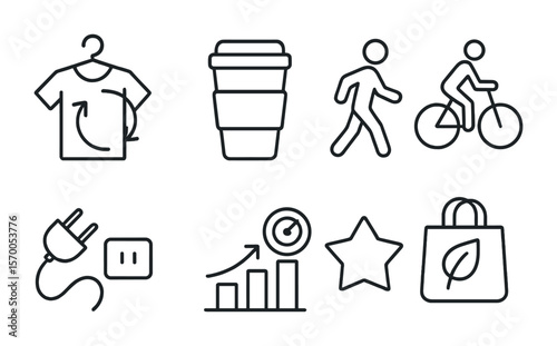Eco-Friendly Habits Icons. Outline vector icons of sustainable habits: second-hand clothes, reusable cup, walk
