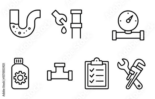 Plumbing Maintenance Icons. Outline vector icons of plumbing maintenance: clogged pipe, leak repair, pipe seal