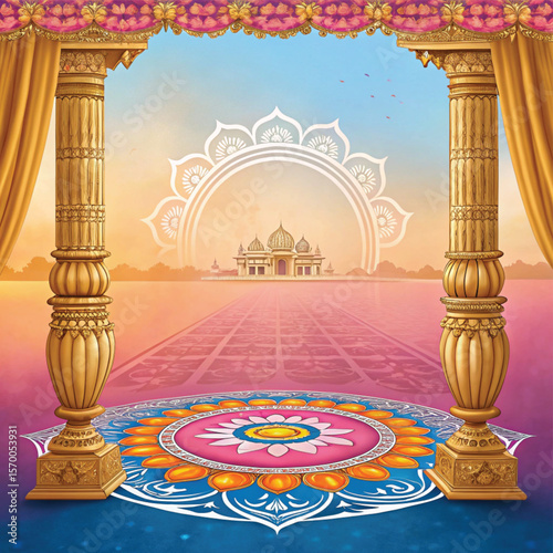 Divine Entrance: A captivating visual capturing an ornate entranceway, a spiritual haven adorned with detailed pillars, opulent embellishments, and a sense of tranquility that inspires reflection.