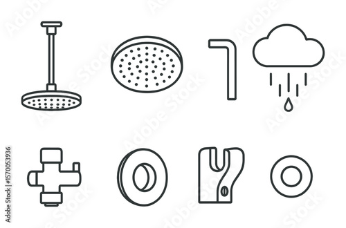 Rain Shower Icons. Outline vector icons of rain shower installation: ceiling mount, wide head, arm extension,
