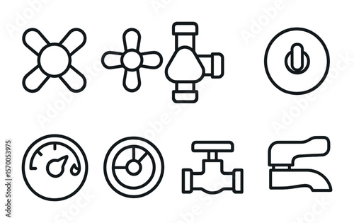 Bathroom Water Control Icons. Outline vector icons of bathroom water control: hot water knob, cold water knob,