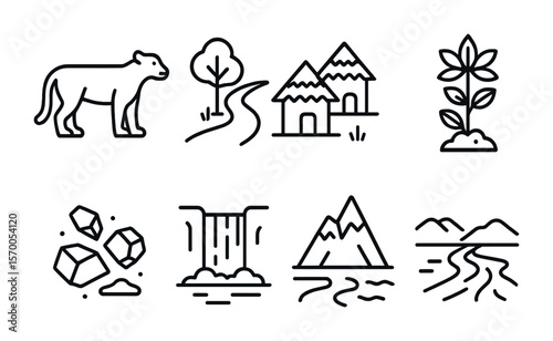 New World Discoveries Icons. Outline vector icons of new world discoveries: exotic animal, jungle path, native