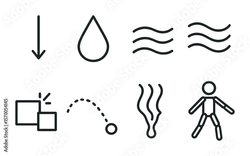 Physics Simulation Icons. Outline vector icons of realistic physics simulation: gravity arrow, water drop,