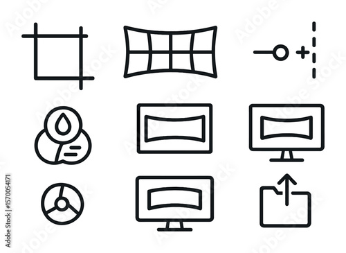 Photo Editing Icons. Outline vector icons of photo editing for panoramas: crop tool, warp grid, exposure