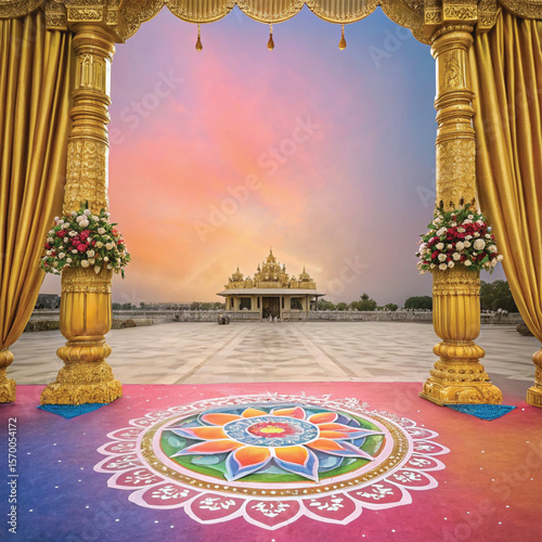 Temple Gate of Devotion: The temple's grand entryway, framed by ornate pillars draped in flowing gold curtains, overlooks a serene courtyard with a mesmerizing, colorful Rangoli design.