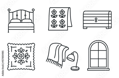 Country Bedroom Icons. Outline vector icons of country bedroom decor: iron bed frame, floral quilt, bedside