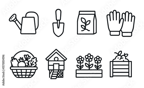 Garden Tools Icons. Outline vector icons of homestead and gardening life: watering can, trowel, seed packet,