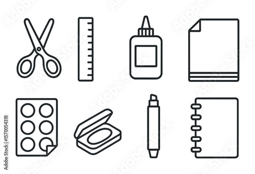 Stationery Vector Icons. Outline vector icons of stationery and supplies: scissors, ruler, glue bottle, paper