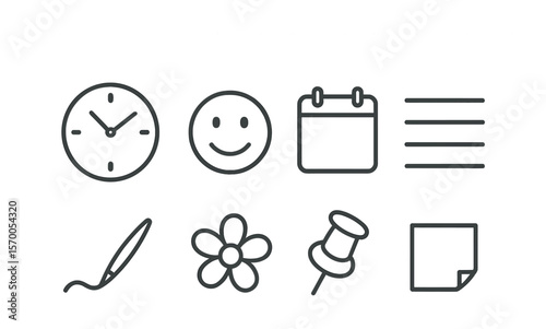 Daily Diary Icons. Outline vector icons of daily diary entries: clock face, mood tracker, date block, entry