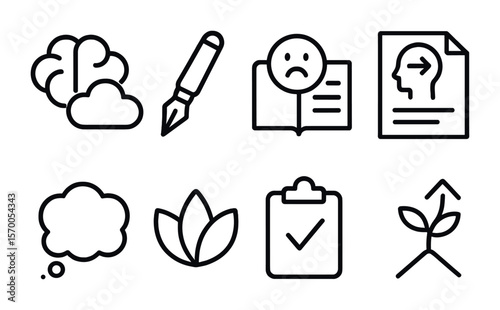 Mindful Journaling Icons. Outline vector icons of journaling for mental clarity: brain cloud, calm pen,