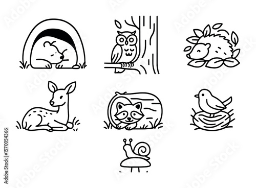 Resting Forest Animals Icons. Outline vector icons of forest animals at rest: bear in cave, owl on tree,