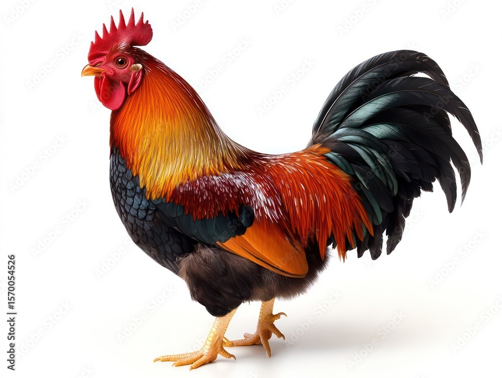 Fototapeta premium Majestic rooster with fiery red comb and glossy black tail feathers on white background