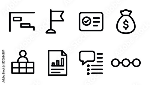 Research Project Icons. Outline vector icons of research project management: timeline chart, milestone flag,