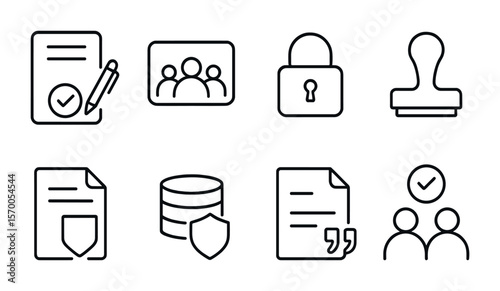 Ethical Research Icons. Outline vector icons of ethical research practices: consent form, ethics board,
