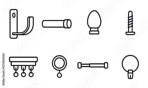 Curtain Hardware Icons. Outline vector icons of curtain hardware: wall bracket, curtain rod, finial cap,