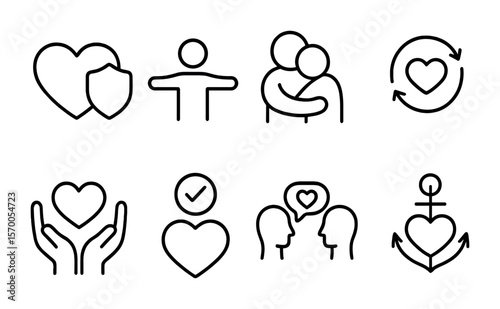 Emotional Safety Icons. Outline vector icons of emotional safety in love: shielded heart, open arms, calming