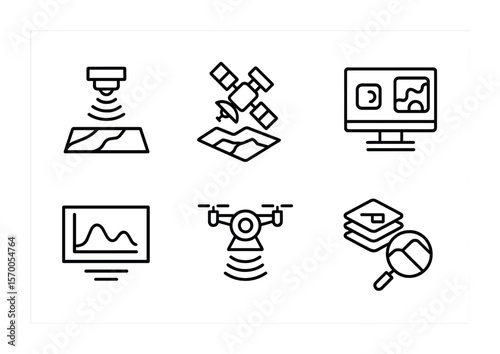 Remote Sensing Icons. Outline vector icons of remote sensing technologies: lidar pulse, satellite image,