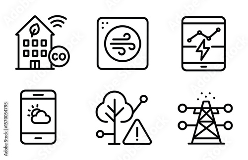 Smart City Line Icons. Outline vector icons of smart city climate integration: green building sensor, air