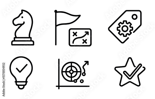 Strategic Icons Set. Outline vector icons of competitive strategy: chess piece, advantage flag, strategy map,