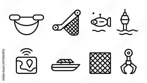 Ocean Cleanup Icons. Outline vector icons of ocean cleanup technology: collection system, conveyor net,