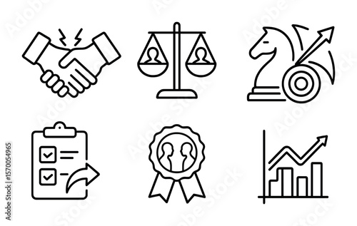 Business Rivalry Icons. Outline vector icons of business rivalry dynamics: handshake break, dispute scale,