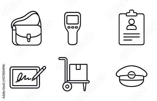 Mail Carrier Tools Icons. Outline vector icons of mail carrier tools: mailbag, route scanner, ID badge,