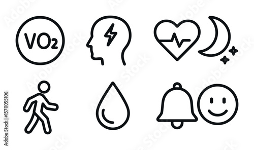 Fitness App Metrics Icons. Outline vector icons of health metrics in fitness apps: VO2 max, stress index,