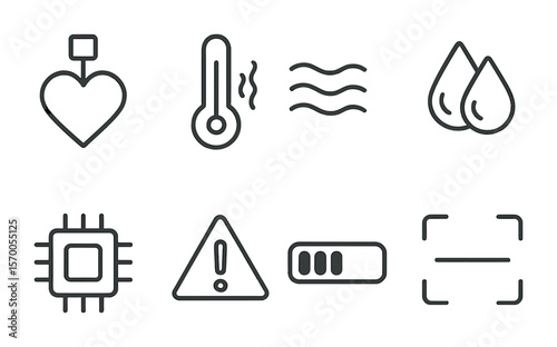 Biometric Feedback Icons. Outline vector icons of biometric feedback tools: heart sensor, skin temp,