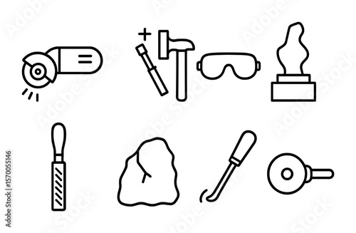 Stone Sculpting Tools. Outline vector icons of stone sculpting methods: angle grinder, stone chisel, dust