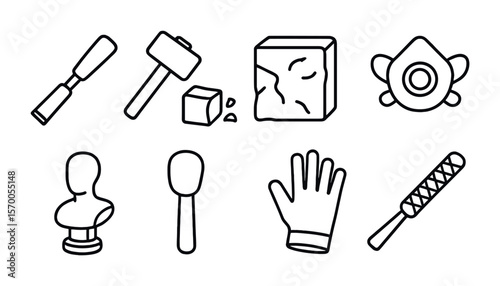 Sculpting Tools Icons. Outline vector icons of sculpting with materials like wood or stone: chisel tool,