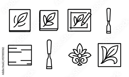 Relief Carving Icons. Outline vector icons of relief carving art: shallow cut, raised edge, layout sketch,