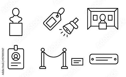 Sculpture Exhibition Icons. Outline vector icons of sculpture exhibition prep: display plinth, exhibit tag,
