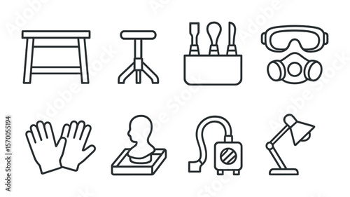 Sculpting Workshop Essentials. Outline vector icons of sculpting workshop essentials: workbench, stool icon,