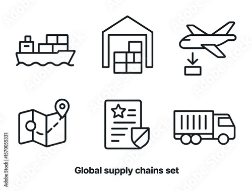 Global Supply Chain Icons. Outline vector icons of global supply chains: cargo ship, warehouse, shipping