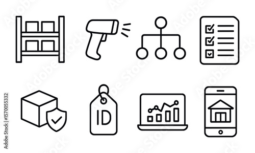 Inventory Icons Set. Outline vector icons of inventory management systems: stock shelf, barcode scanner,