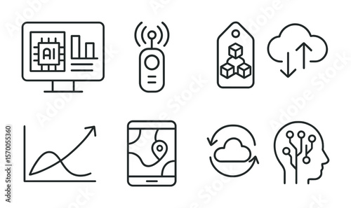 Digital Supply Icons. Outline vector icons of digital supply chain solutions: AI dashboard, IoT sensor,