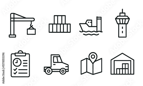 Port Operations Icons. Outline vector icons of port and terminal operations: crane arm, container stack, berth