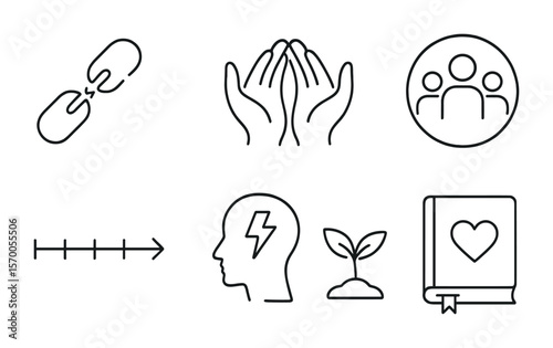 Healing Symbol Icons. Outline vector icons of healing from trauma: broken chain, safe hands, grounding tree,