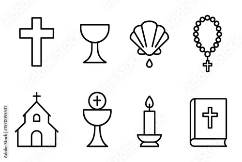 Christian Ceremony Icons. Outline vector icons of Christian ceremonies: cross icon, communion cup, baptism