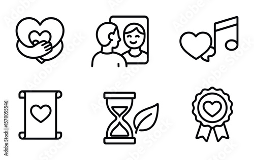 Self-Compassion Icons Set. Outline vector icons of self-compassion and inner healing: heart hug, mirror smile,