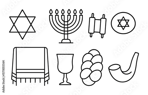 Jewish Traditions Icons. Outline vector icons of Jewish traditions: Star of David, menorah, Torah scroll,