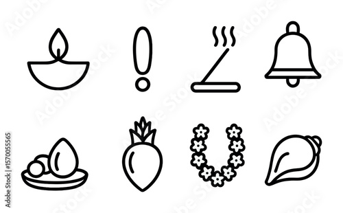 Hindu Puja Icons. Outline vector icons of Hindu puja elements: diya lamp, tilak mark, incense stick, temple