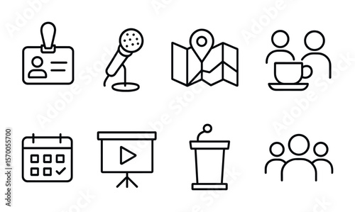 Professional Networking Icons. Outline vector icons of professional networking events: name tag, conference